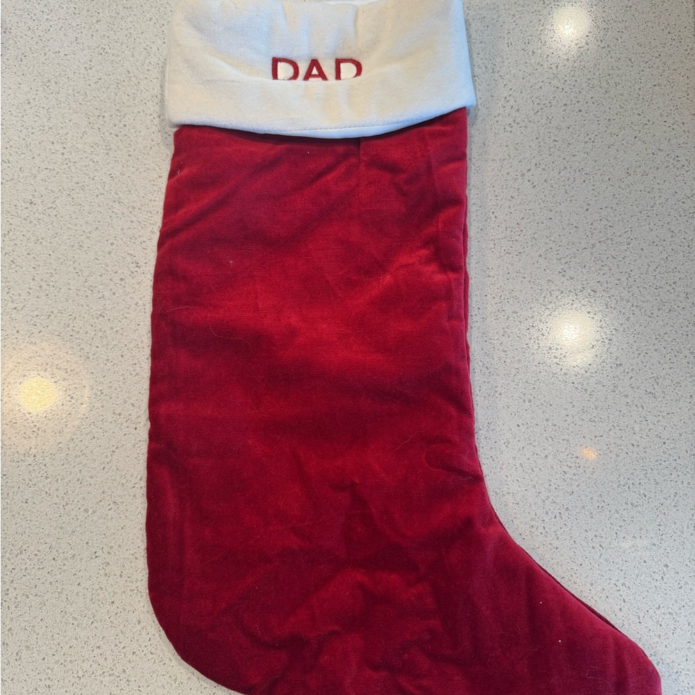 Pottery Barn Red “Dad” Christmas Stocking with White Cuff